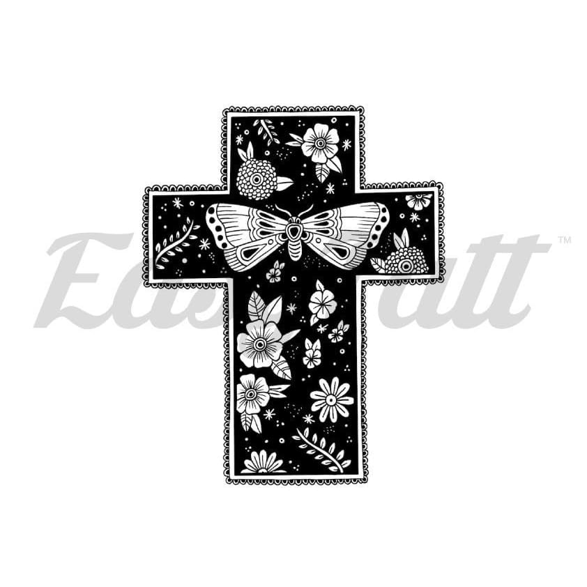 Floral Moth Cross - By Georgia Mason - Temporary Tattoo