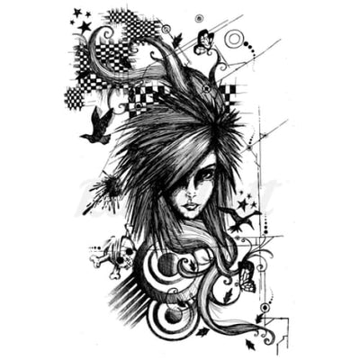 Girl with Birds & Skull - Temporary Tattoo