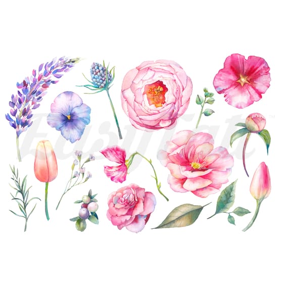 Multi-Coloured Flowers - Temporary Tattoo