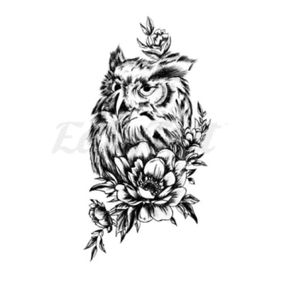 Owl and Flowers - Temporary Tattoo