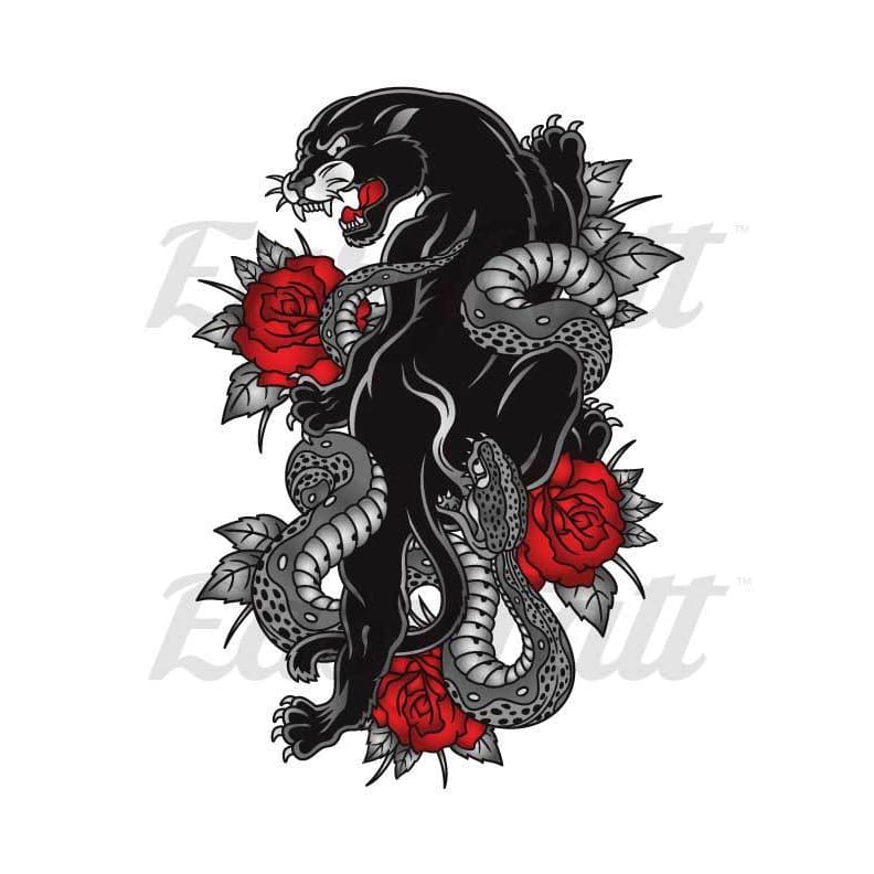 Panther and Roses - Temporary Tattoo