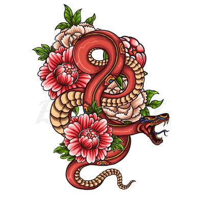 Red Floral Snake - Temporary Tattoo