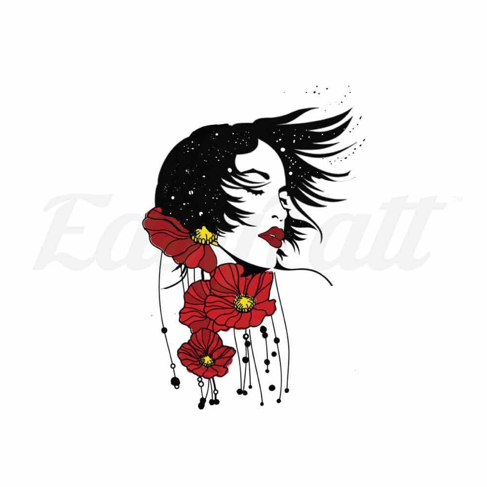 Red Flower Mystery Woman - By Jen - Temporary Tattoo