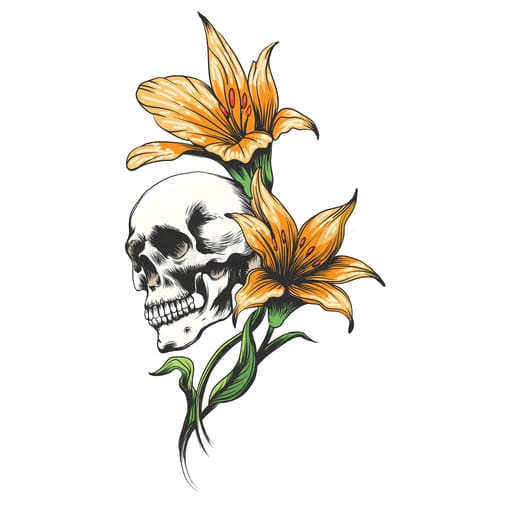 Skull with Lilies - Temporary Tattoo