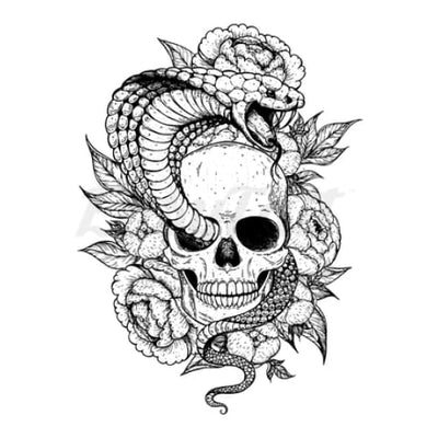 Skull with Snake and Roses - Temporary Tattoo
