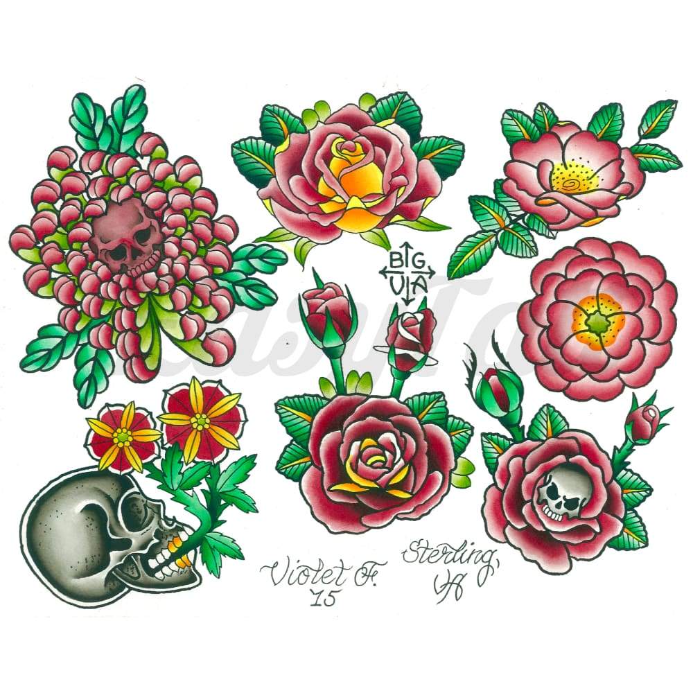 Traditional Roses - Violet Fivel - Temporary Tattoo