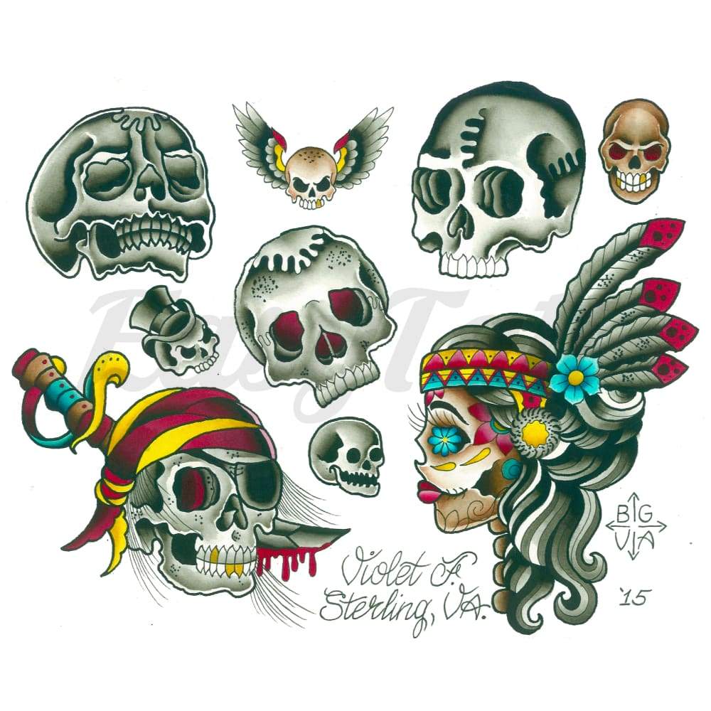 Traditional Skulls - By Violet Fivel - Temporary Tattoo