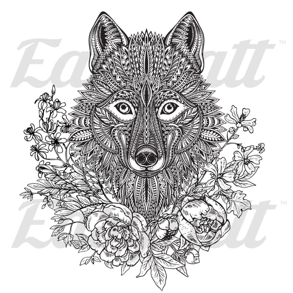 Wolf and Floral - Temporary Tattoo