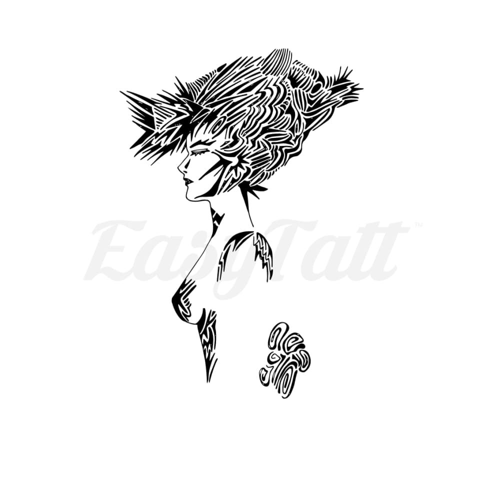 Woman Profile Wildhair Drawing - Temporary Tattoo